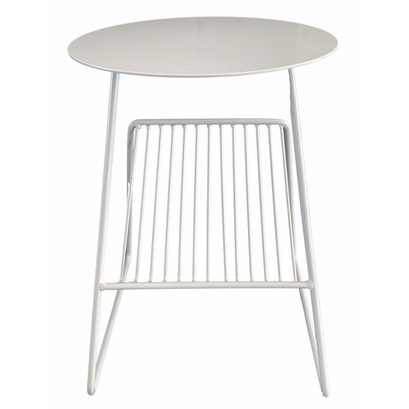 Zeo Side End Table w Magazine Rack, 14 Inch Round Top, White Metal
