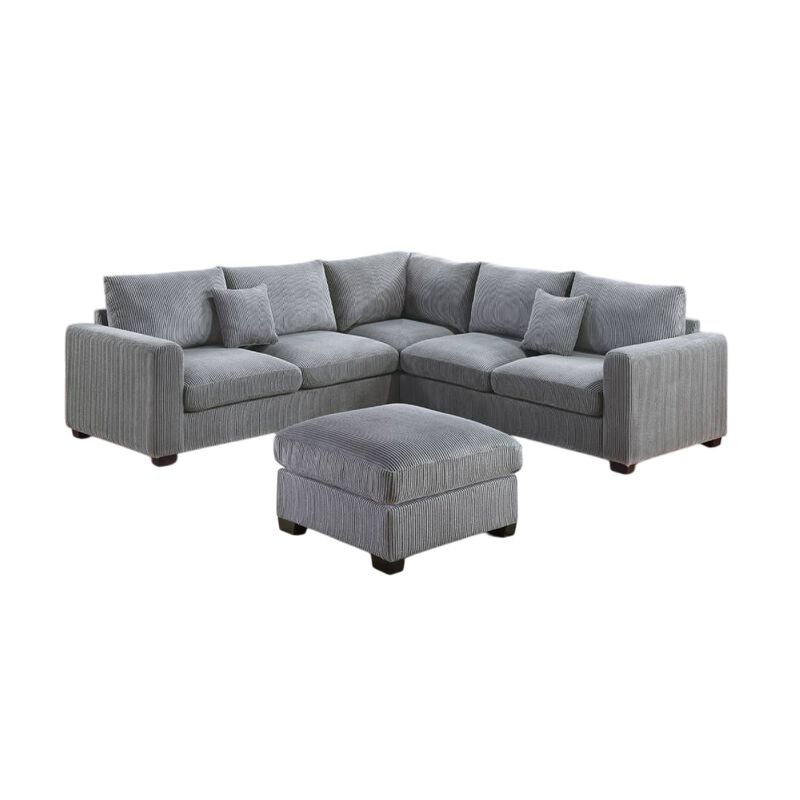 Rey 4pc L Sectional Sofa Set, 2 Accent Pillows, Gray Corduroy Fabric - Benzara