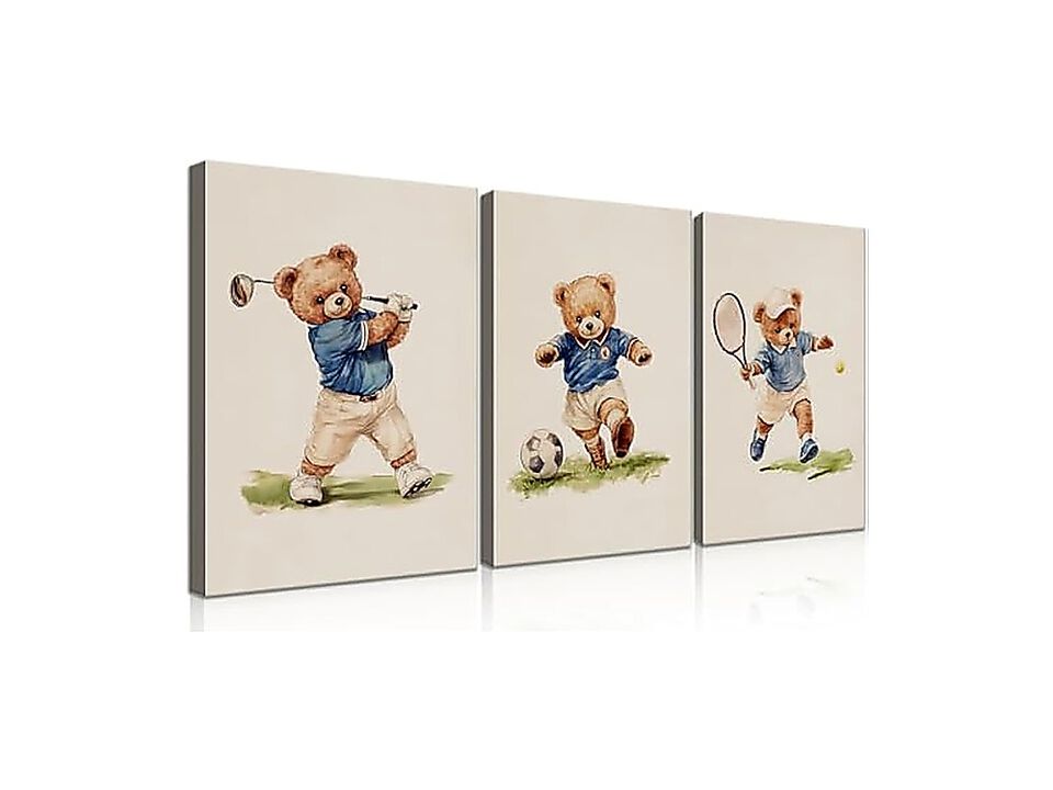 Watercolor Sports Teddy Bear Wall Art Set 3 Golf Soccer Tennis Themed Canvas