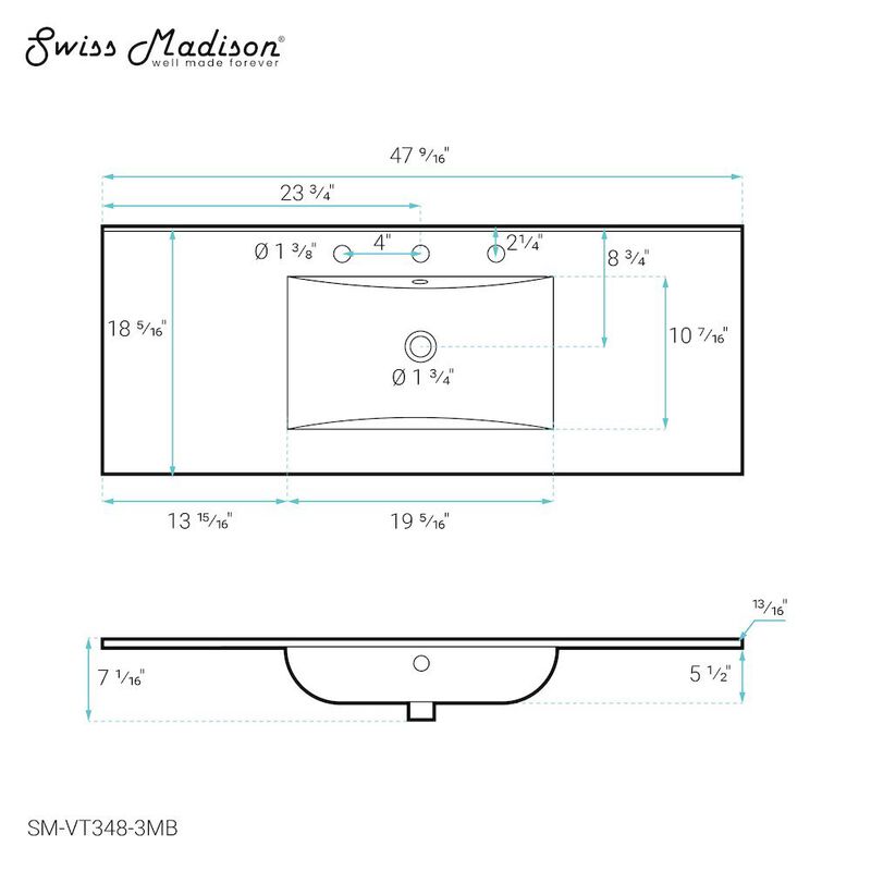48" 3-Hole Widespread Vanity Sink Top in Glossy White image number 3