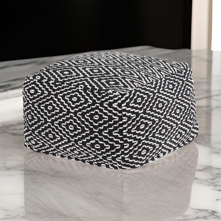 Sena 22 Inch Ottoman Pouf, Handwoven Pattern, Cotton Cover, Black White - Benzara
