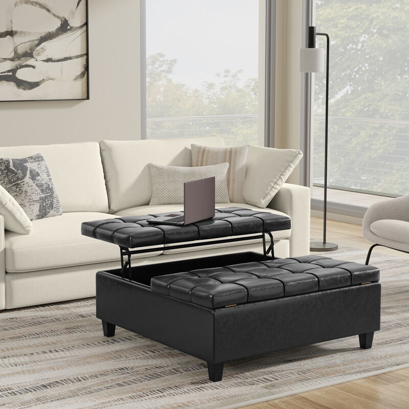 Harrison 40 inch Wide Transitional Square Large Coffee Table Storage Ottoman in Distressed Black Vegan Faux Leather, Assembled image number 9