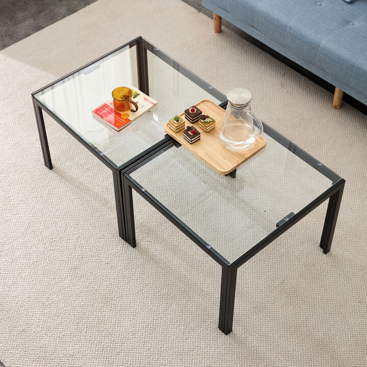 Coffee Table Set of 2, Square Modern Table with Tempered Glass Finish for Living Room,Transparent