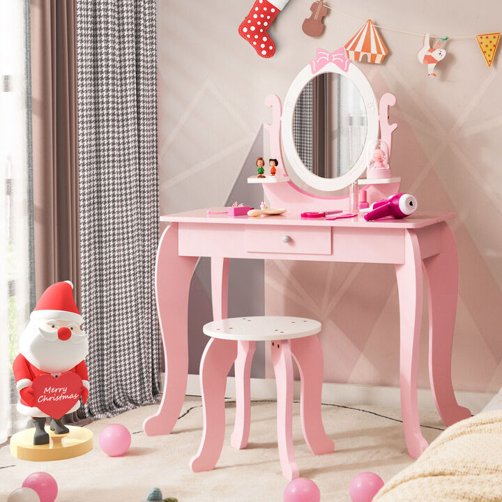 Kid Vanity Table Stool Set with Oval Rotatable Mirror-Pink