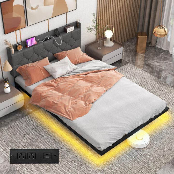 Hivvago Floating Bed Frame with LED and Headboard and Charging Station