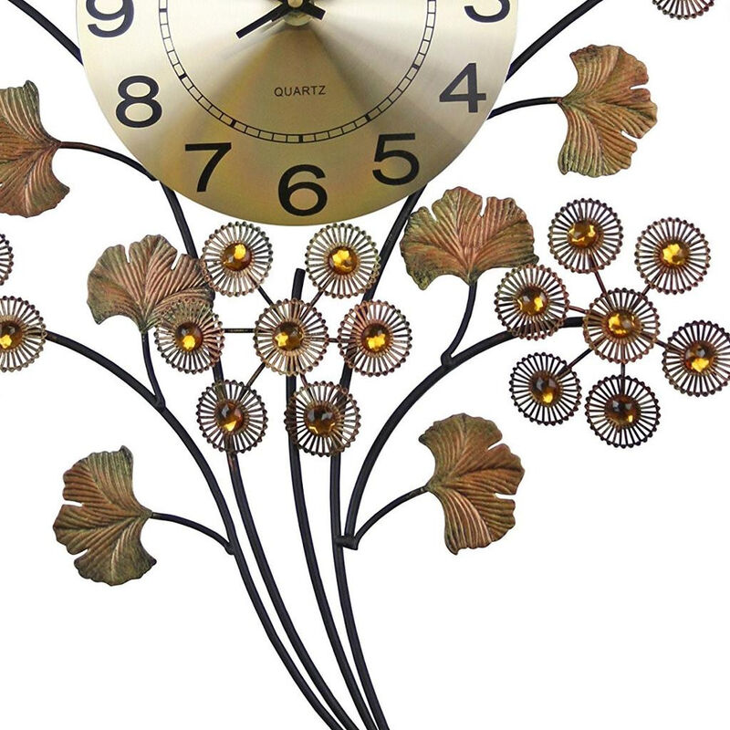 HomeRoots 22" Copper Metal And Faux Crystal Silent Analog Gingko Floral Wall Clock image number 2