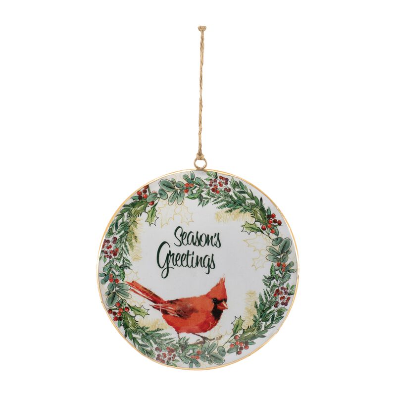 Holiday Disc Ornaments Set of 6 Featuring Cardinals and Seasons Greetings Text