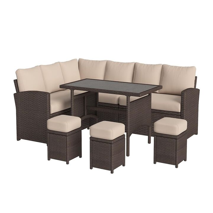 Mondawe 7 Pieces Patio Furniture Set Outdoor Sectional Sofa Conversation Set Brown Rattan Ottomans for Deck Garden Backyard