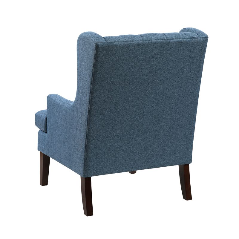 Hosanna Accent Wing Armchair, Button Tufted Blue Polyester, Brown Wood