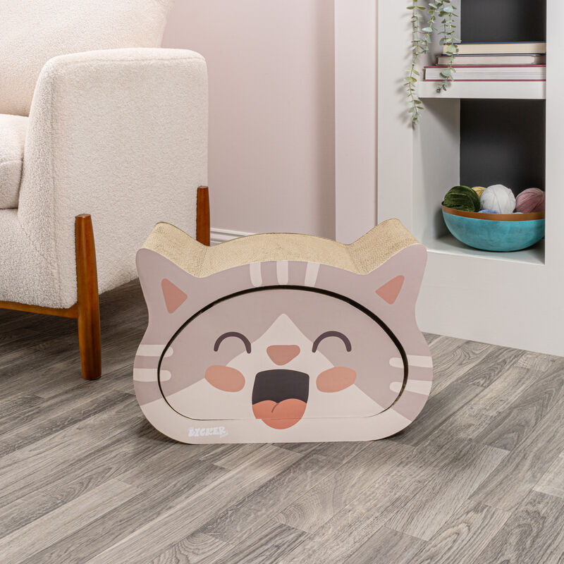 Opal Modern Cardboard Happy Cat Head 2-in-1 Cat Cave Scratcher with Built-In Bell Toys and Catnip