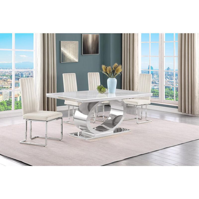 5pc Small(68") marble top dining set with silver base and 4 Cream side chairs