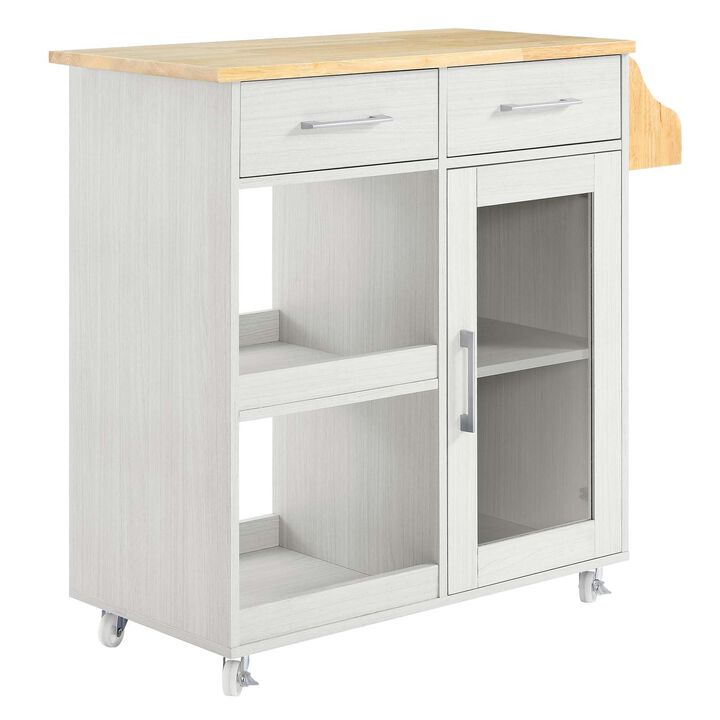 Modway Culinary Rolling Kitchen Cart with Storage in White Natural - 3 Tiers Kitchen Island on Wheels with Spice Rack, Functional as a Coffee Station, Bar Cabinet or Butcher Block Island
