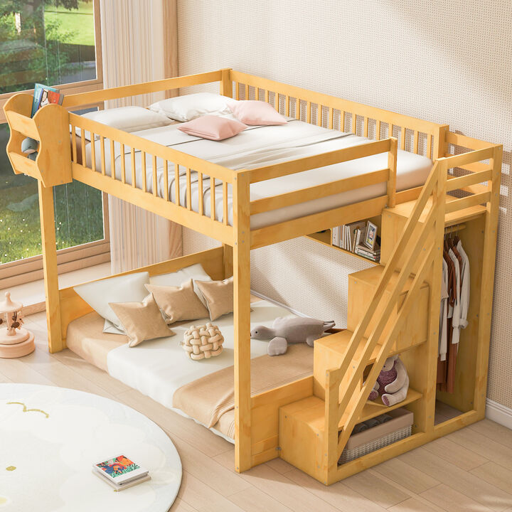 Merax Natural Wood Loft Bed with Storage Stair Wardrobe