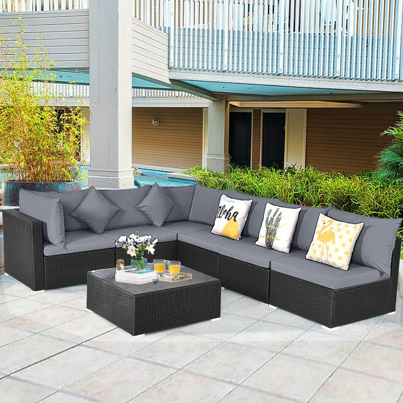 Mondawe 7 Pieces Sectional Wicker Furniture Sofa Set with Tempered Glass Top Coffee Table