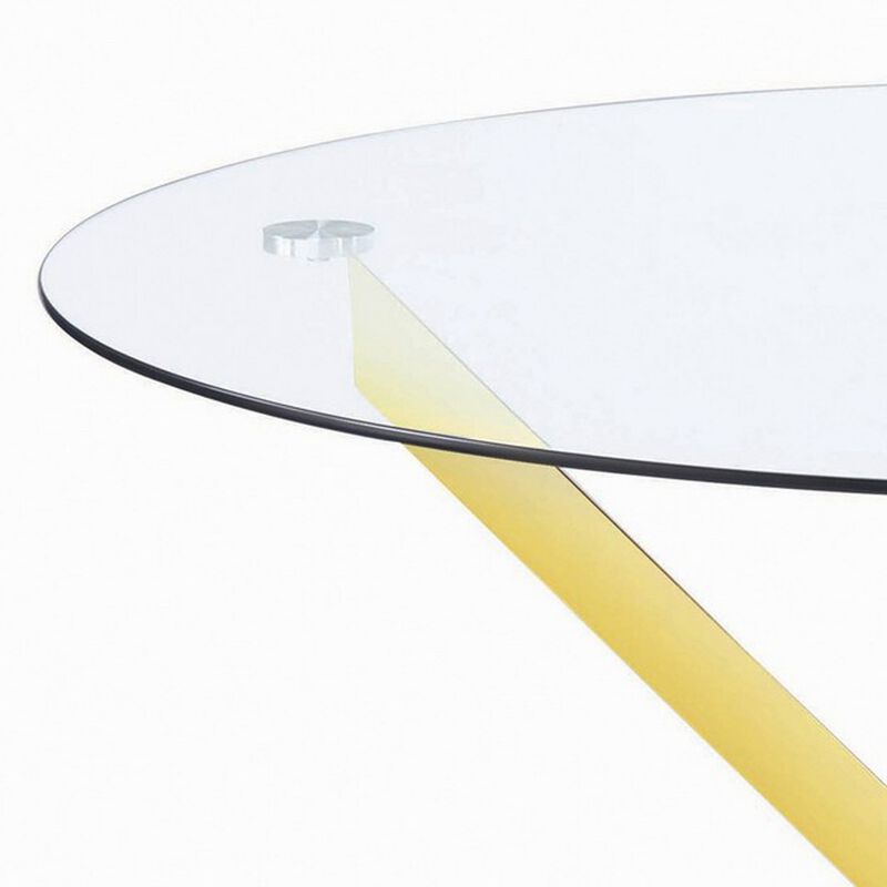 Dining Table with Glass Top and Curved Design Metal Base, Gold-Benzara