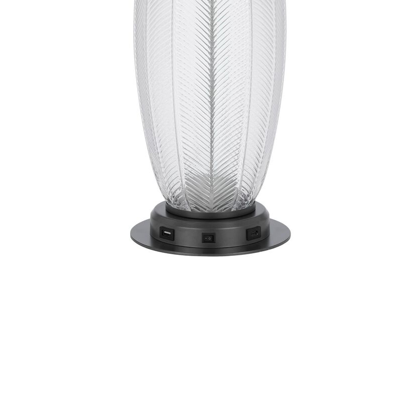 Leno 32 Inch Table Lamp, Leaf Pattern Clear Glass Base, Beige Shade - Benzara