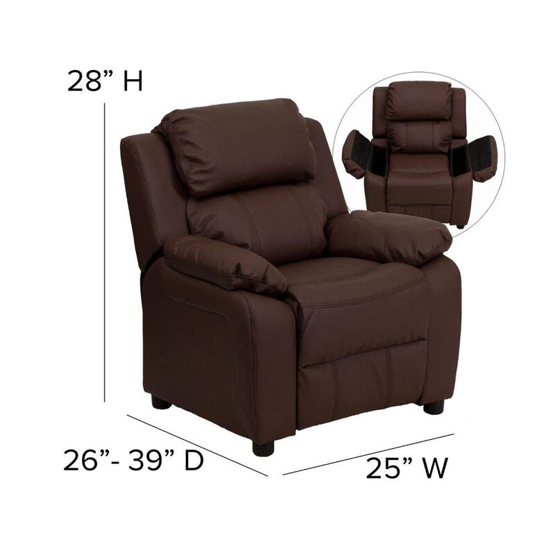 Flash Furniture Charlie LeatherSoft Kids Recliner with Flip-Up Storage Arms and Safety Recline, Contemporary Reclining Chair for Kids, Supports up to 90 lbs., Brown