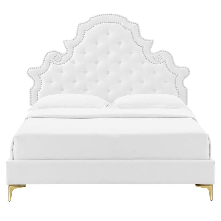 Modway Gwyneth Tufted Performance Velvet Twin Platform Bed in White with Gold Metal Legs