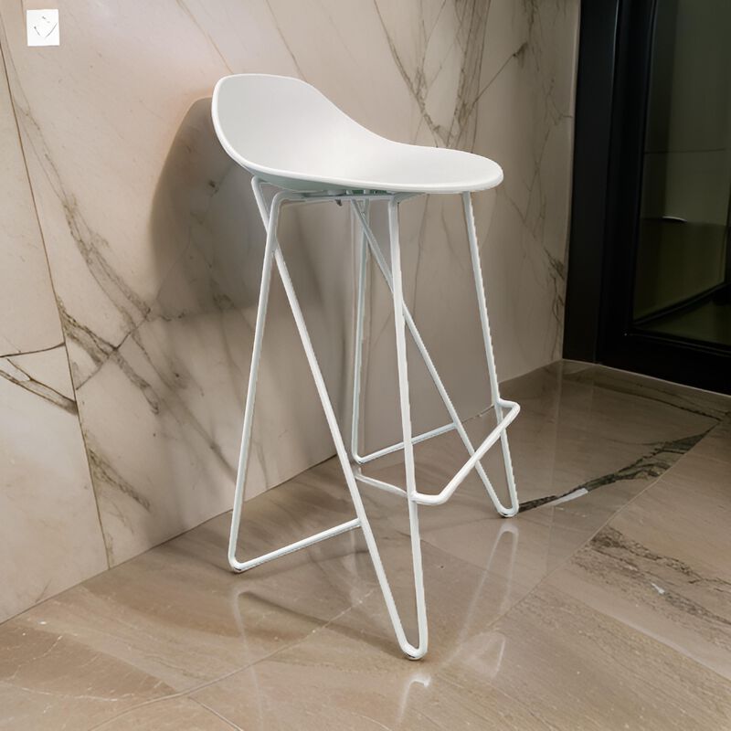 Bert 30 Inch Barstool Chair Set of 2, Low Back, Geometric White Metal - Benzara