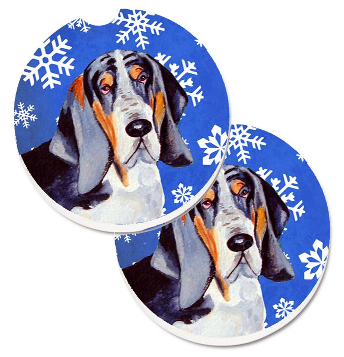 Caroline's Treasures Basset Hound Winter Snowflakes Holiday Set of 2 Cup Holder Car Coasters LH9282CARC, 2.56, Multicolor