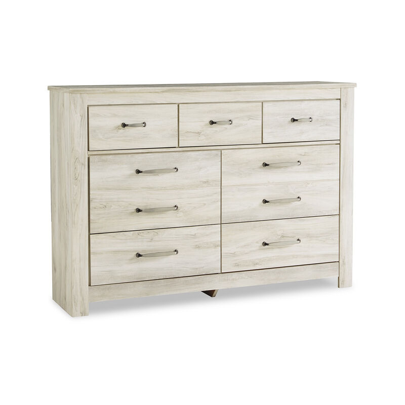 Simon Wide Dresser, 7 Drawers, Laminate Rustic Gray Whitewash Finish - Benzara