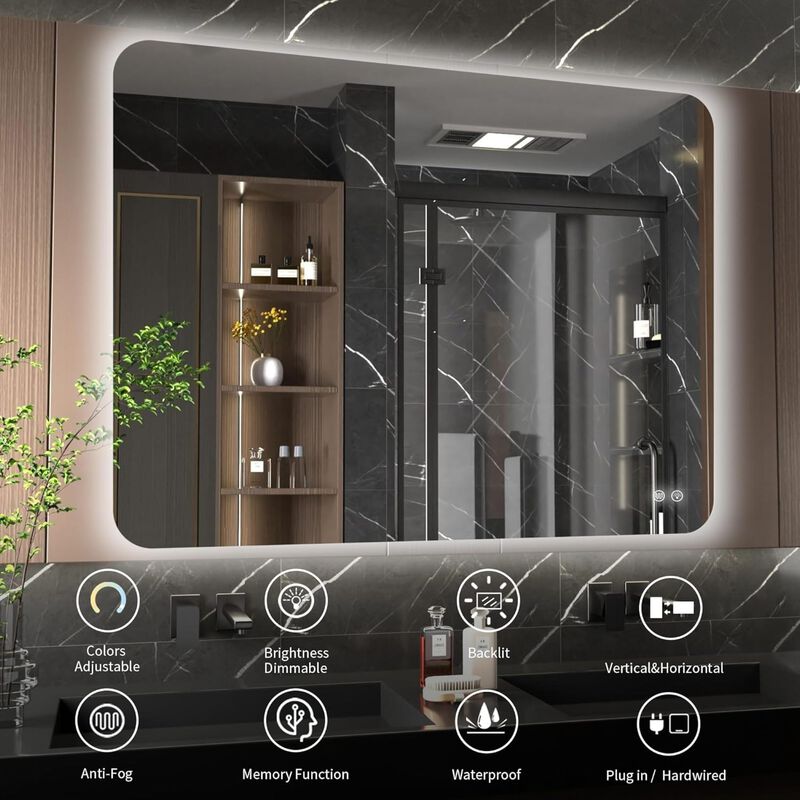 Rectangular Backlit Bathroom Mirror with Anti-Fog Technology and Adjustable Lighting image number 8