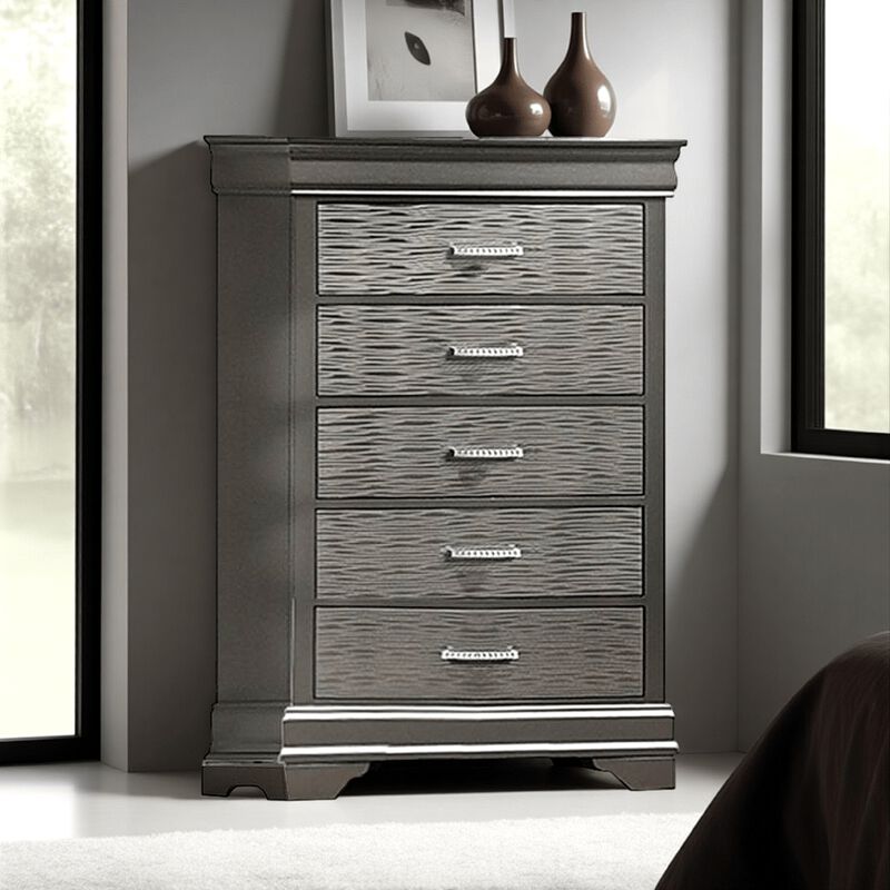 Jean Tall Dresser Chest, 5 Drawers, Chrome, Dark Gray Solid Wood - Benzara
