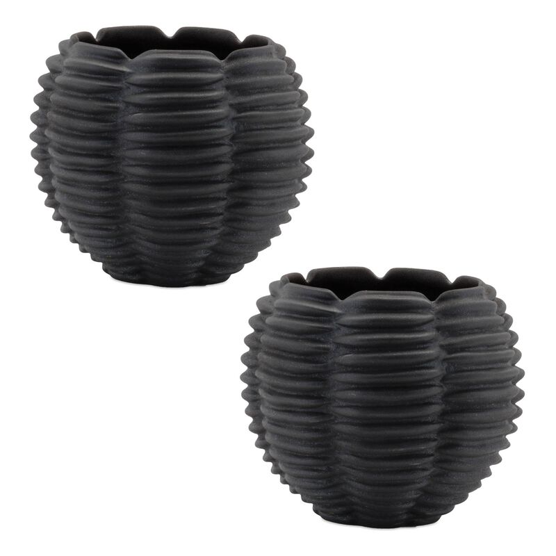 Set of 2 Ribbed Ceramic Bud Vases for Shelf, Mantel, or Tabletop Accent Decor