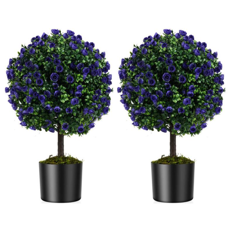 Hivvago 22 Inch Set of 2 Artificial Purple Rose Topiary Ball Trees with Cement-Filled Pot
