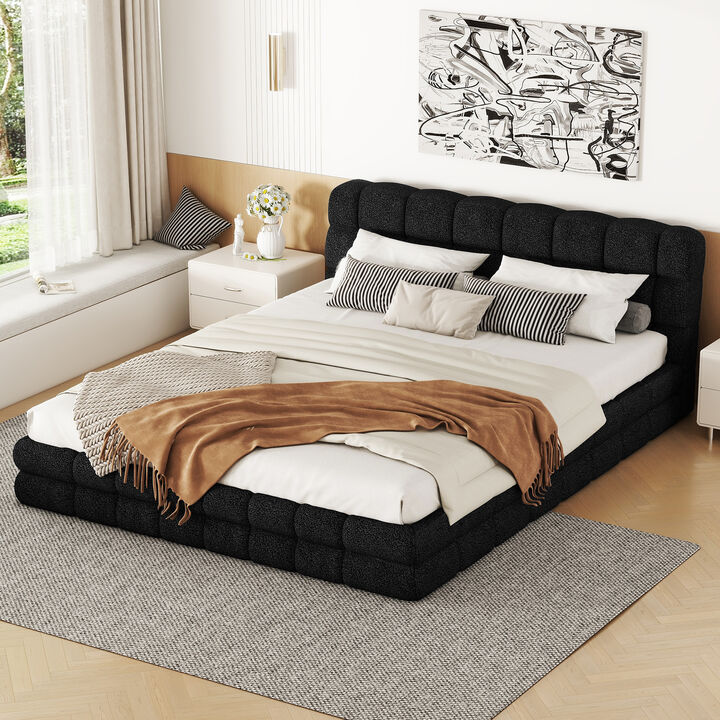 Whisen Queen Size Upholstered Platform Bed with Headboard, Solid Wood & MDF Frame, No Box Spring Required for Bedroom