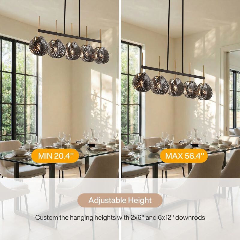 Five-Light Linear Chandelier, Smoky Gray Shell Glass, Black and Gold image number 5