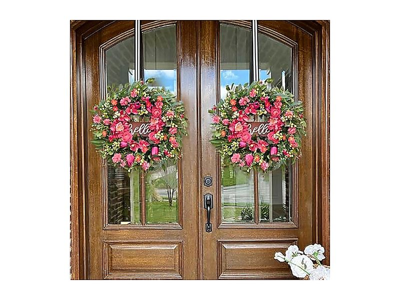 Spring Wreaths Front Door 24 Inch Hello Sign Artificial Summer Wreath Pink Peony image number 2