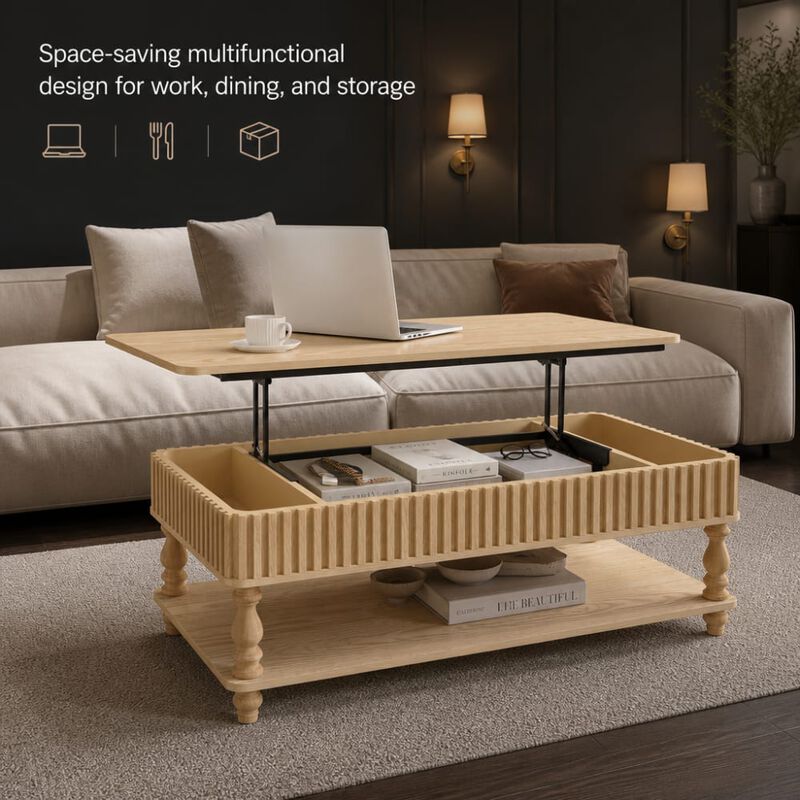 GOODSILO 47.24 Inch Lift Top Coffee Table, Solid Wood Construction, Tool-Free Assembly, Fluted Details, Roman Legs, Dual Storage for Living Room Furniture image number 4
