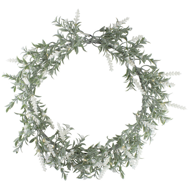 LED Lighted Artificial White Lavender Spring Wreath- 16-inch  White Lights