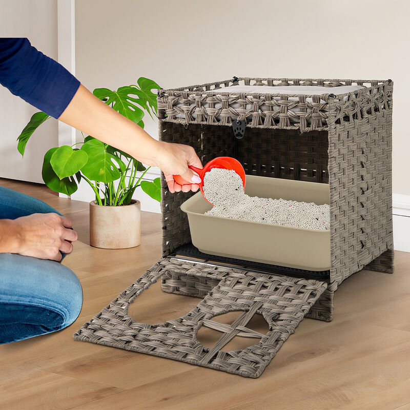 Rattan Cat Litter Box Enclosure, Foldable 2-Tier Design with Litter Mat-Grey image number 4