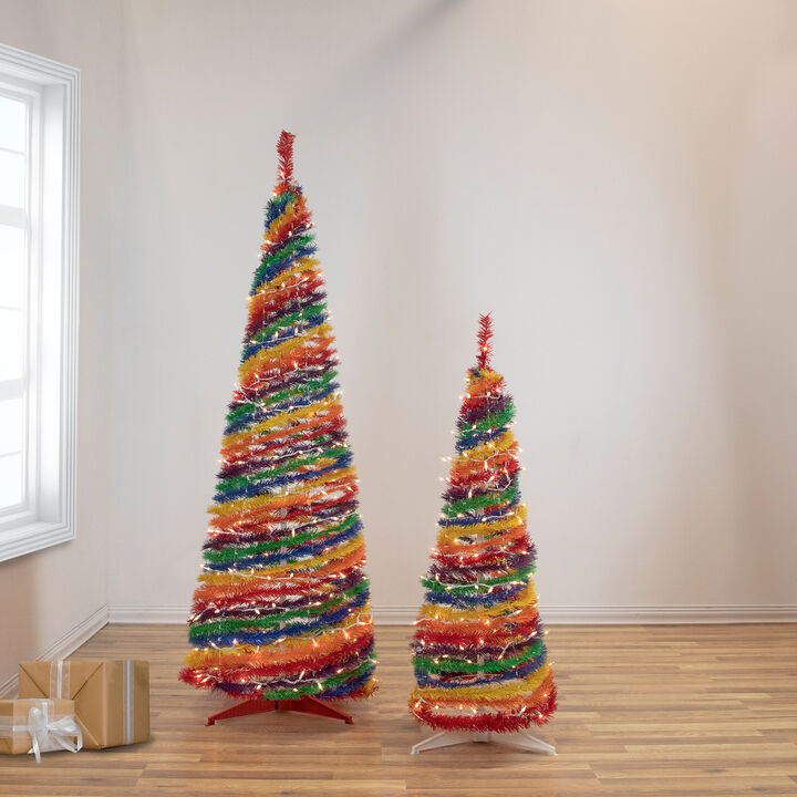 6' Pre-Lit Rainbow Tinsel Pop-Up Artificial Christmas Tree  Clear Lights