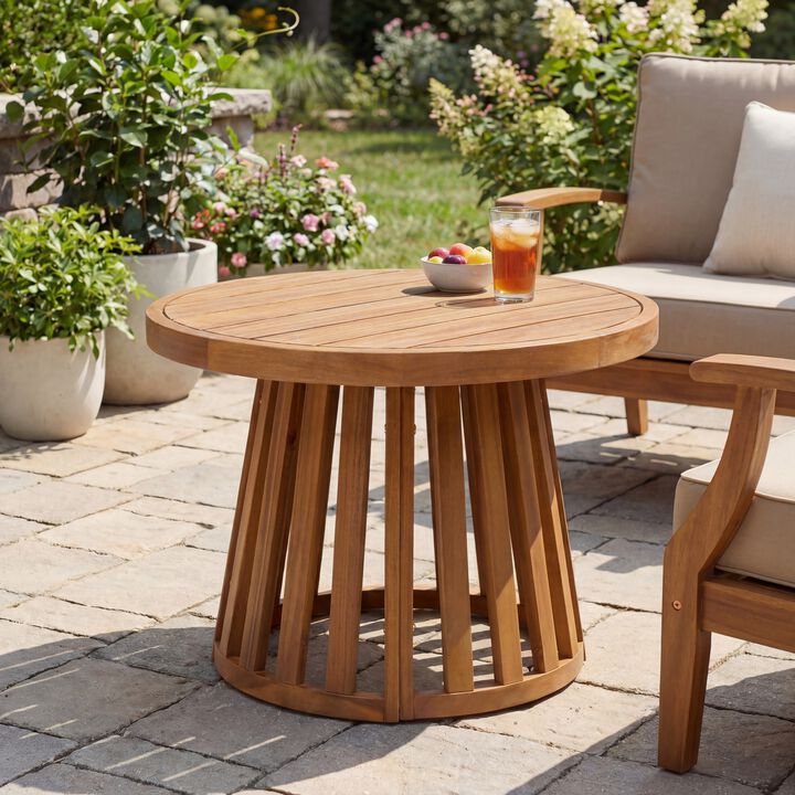 Solanya Modern Coastal Acacia Wood Indoor/Outdoor Pedestal Base Round Coffee Table