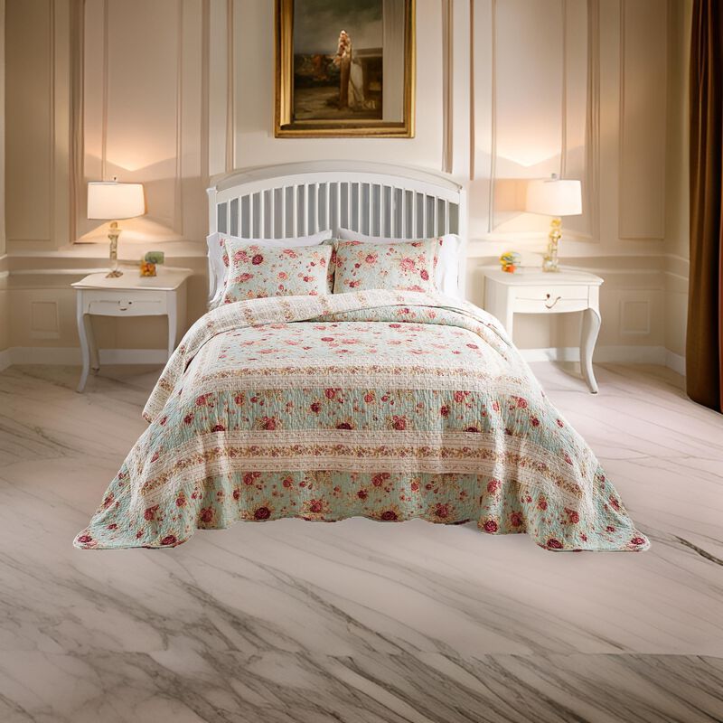 Rosle 3pc King Bedspread Set, 2 Shams, Reversible Rose Print, Blue Cotton - Benzara