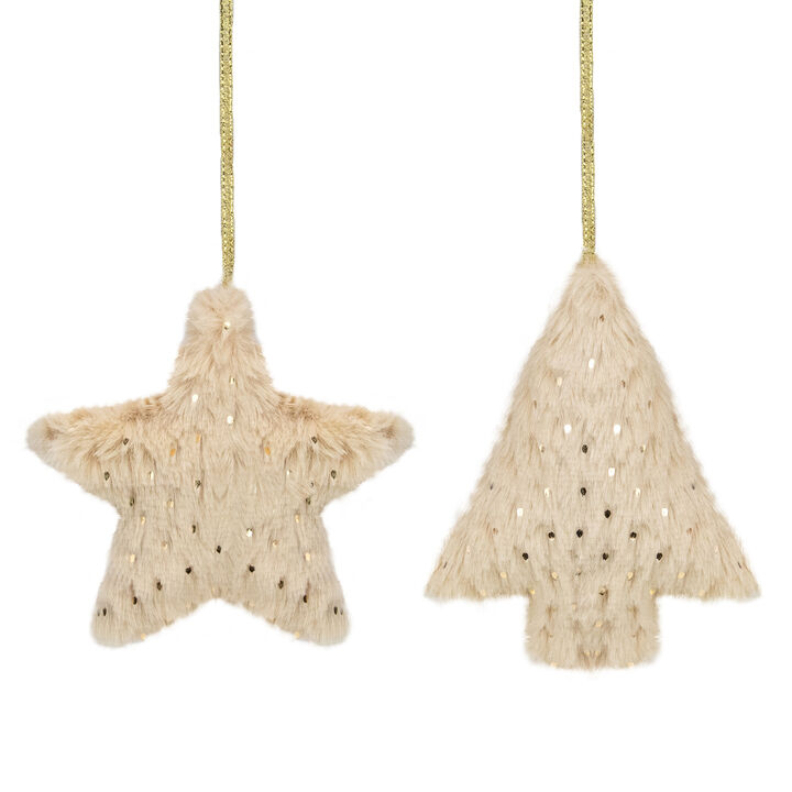 Set of 2 Beige Faux Fur Star and Christmas Tree With Sequin Ornaments - 4.25"