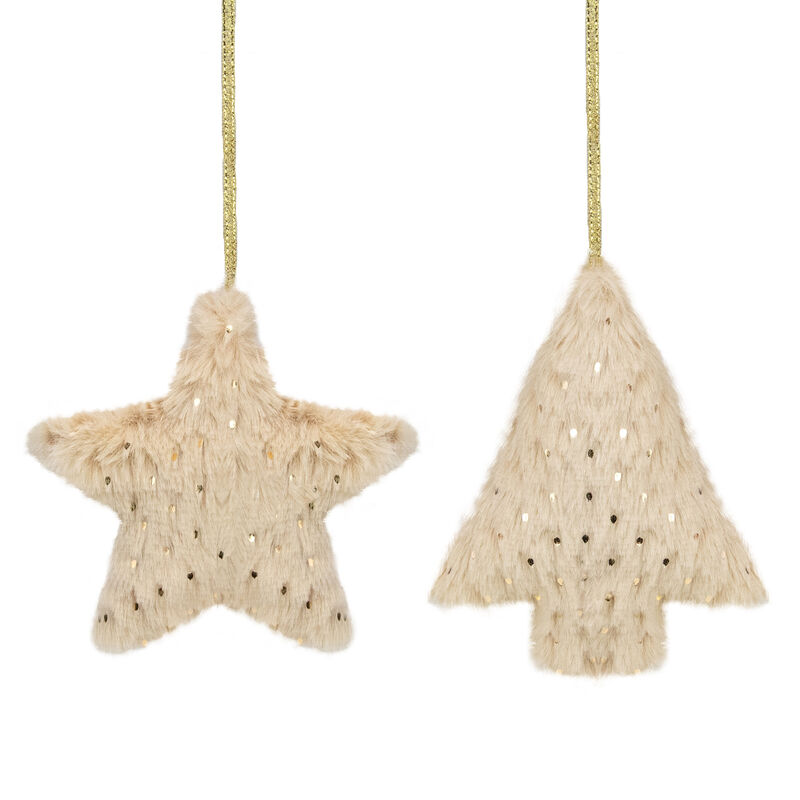 Set of 2 Beige Faux Fur Star and Christmas Tree With Sequin Ornaments - 4.25"