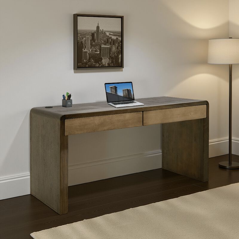 Esis Writing Desk, 2 Drawers, USB Ports, Dark Brown Mango Wood 60 Inch - Benzara