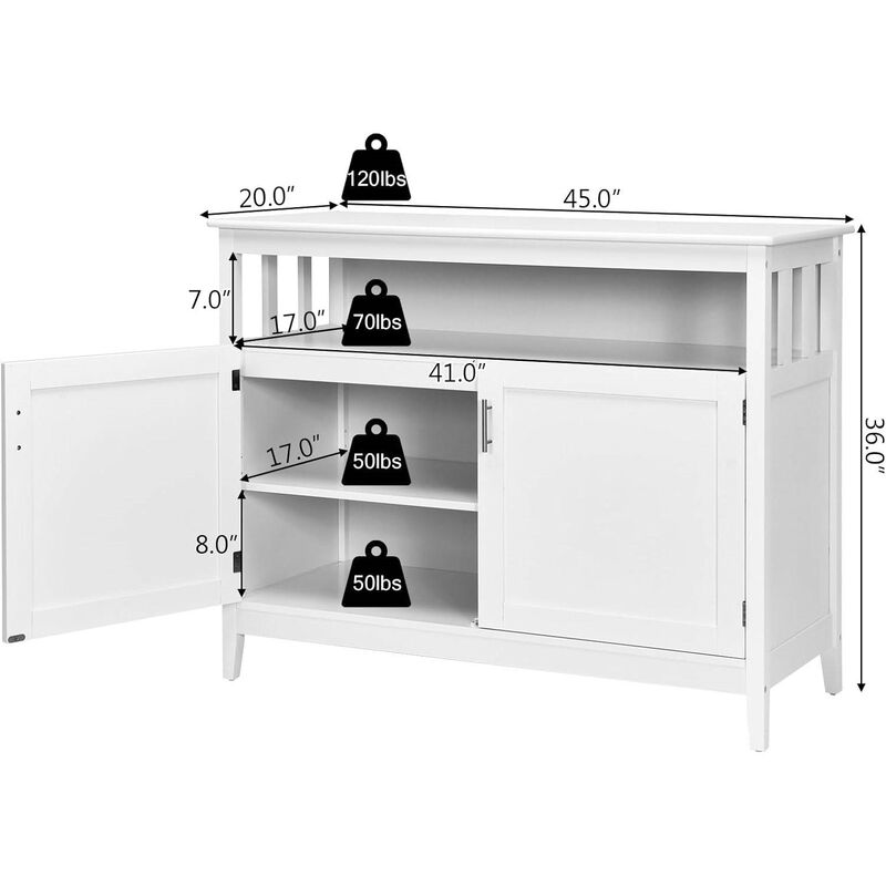 Hivvago White Wood 2 Door Dining Buffet Sideboard Cabinet with Open Storage Shelf