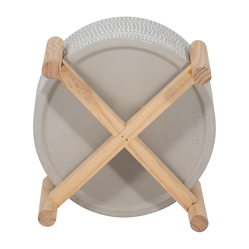 6" Ceramic Tribal Planter with Wood Stand, Beige