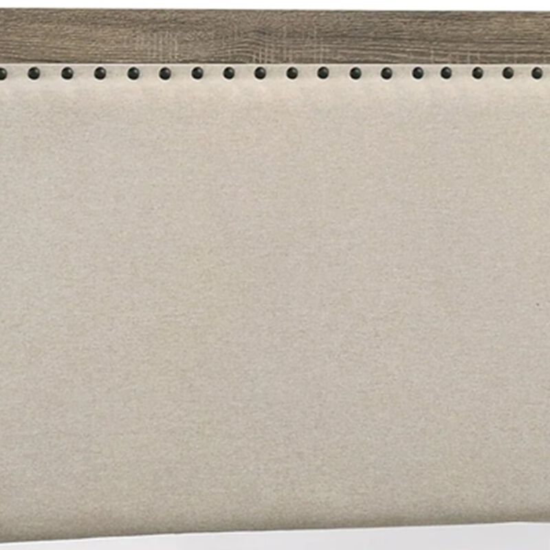 Shannon Queen Panel Bed with Nailhead Trim, Ivory Fabric, Gray Wood