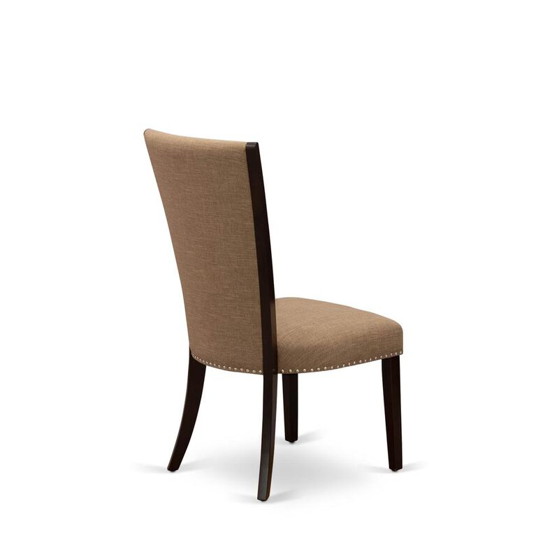 East West Furniture - Set of 2 - Upholstered Dining Chair- Wooden Chairs Includes Mahogany Solid Wood Structure with Light Sable Linen Fabric Seat with Nail Head and Stylish Back