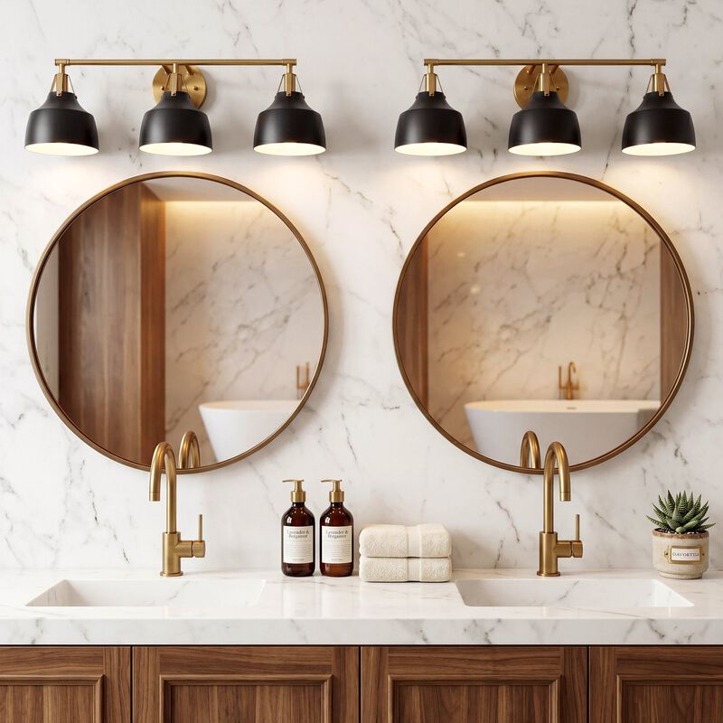 Black and Gold Bathroom Vanity Light, Three-Light Metal Bell Shades image number 5