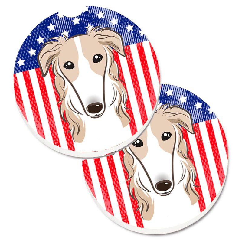 Caroline's Treasures American Flag & Borzoi Set of 2 Cup Holder Car Coasters BB2158CARC, 2.56, Multicolor