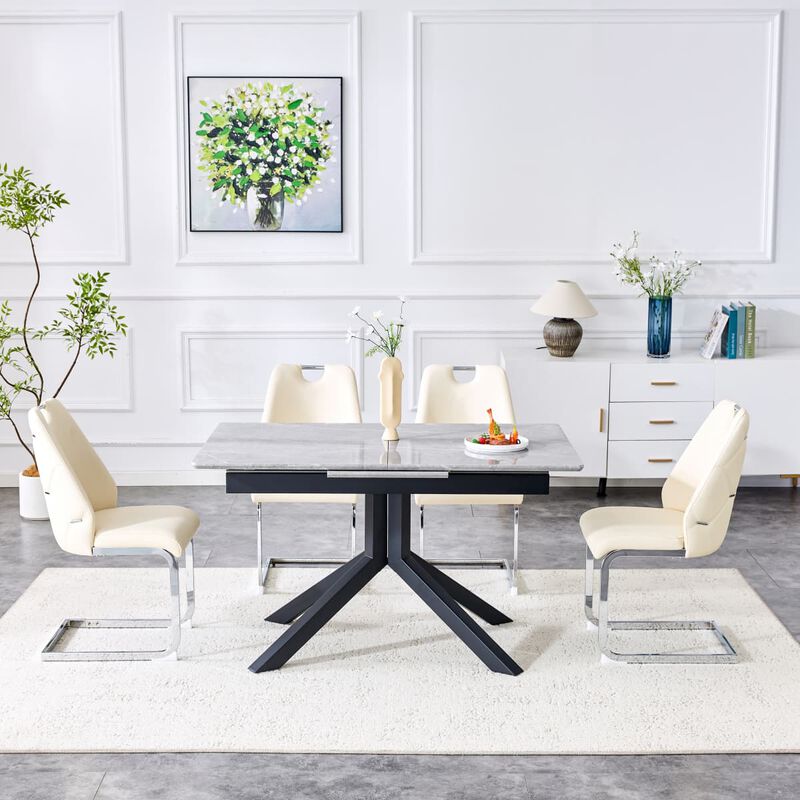 Rectangular Extendable Dining Table Laminated MDF top with geometric metal legs Modern dining table with automatic pop up leaf image number 5