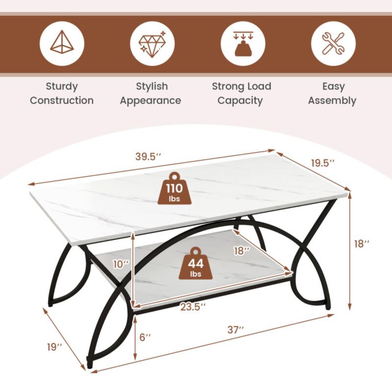 Hivvago 2-Tier Faux Marble Coffee Table with Marble Top and Metal Frame
