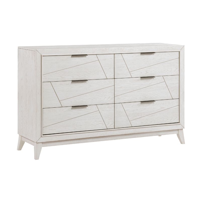 Zine 62 Inch Dresser, 6 Drawers, Antique White Wood, Black Handles - Benzara